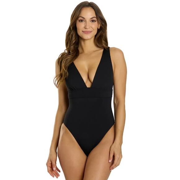 LAUREN RALPH LAUREN Sculpting Modern V Neck One Piece Swimsuit Size 6 Black NWT